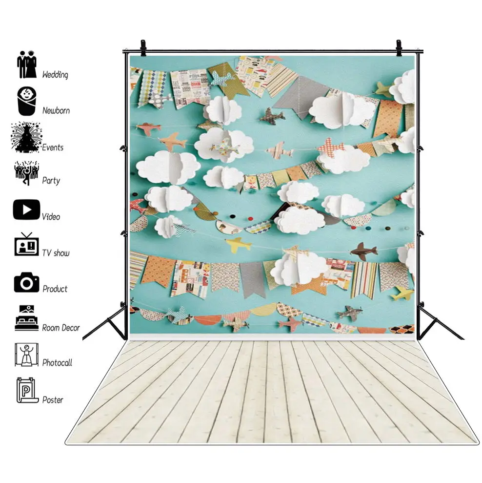 

Baby Birthday Portrait Interior Photocall Backdrop Airplane Clouds Wooden Floor Blue Photography Background Photo Studio Booth