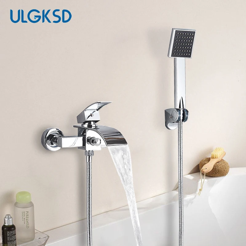 ULGKSD Chrome Plated Bathtub Faucet Set Waterfall Spout Solid Brass Hot Cold Mixer Tap Bath Shower Faucets Wall Mounted | Обустройство
