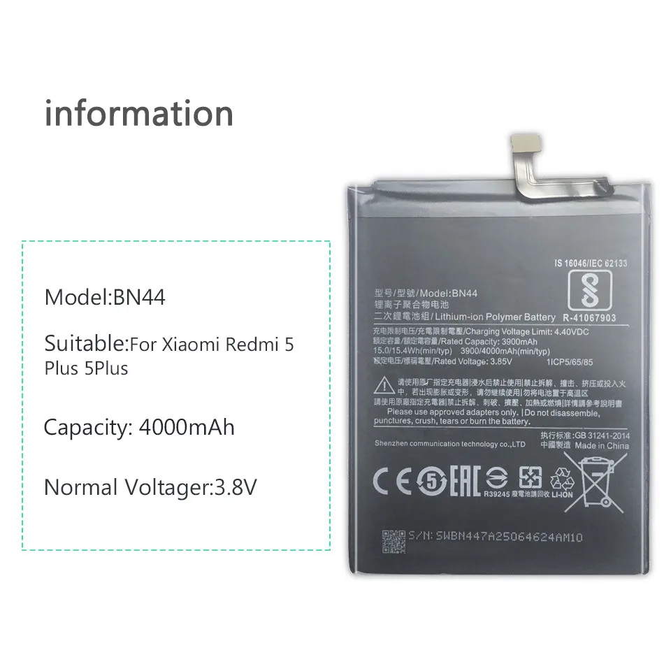 BN44 Mobile Phone Battery for Xiaomi Redmi 5 Plus 5Plus Replacement Battery BN44 4000mAh