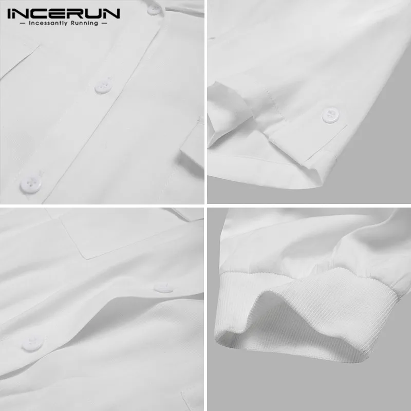 

INCERUN Fashion Men Jumpsuits Solid Color Shortsleeve Button Pockets Lapel Rompers Streetwear Summer Mens Cargo Overalls S-5XL