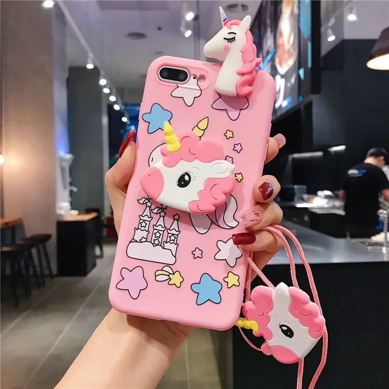 

Suitable for oppo R9 11 15 17S A1 3 5 7 9 37 39 59 F11 three-dimensional cartoon Unicorn bracket hanging rope mobile phone case