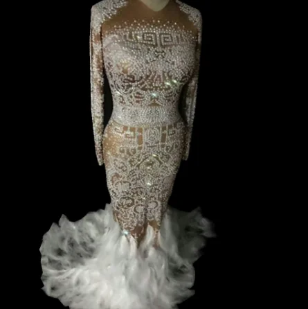 

Sparkly Rhinestones Feather Nude Dress Women Sexy Nightclub Full Stones Long Dress Costume Prom Birthday Celebrate Party Dresses