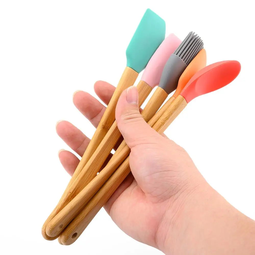 5 Pcs Mini Spatula Spoon Brush Sets Non-stick Silicone Cookware with Wooden Handle Colorful Baking Kitchen Tools |