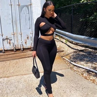 2 two piece set women active tracksuit long sleeve crop top fitness suit sexy club outfits athletic clothes nightclub hollow out