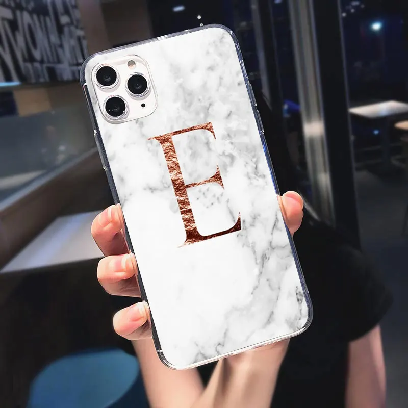 

White Marble Letter Monogram A To Z Alphabet Silicone Cover For iPhone 12 Pro 12 Mini 11 Pro Max XS X XR Transparent Phone Cases