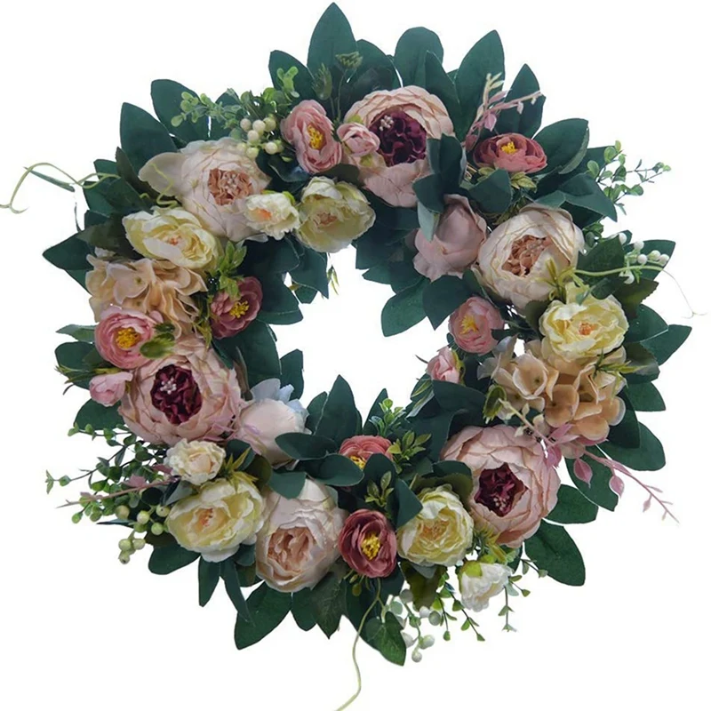 

Front Door Wreath Round Silky Artificial Peony Floral Wreath Home Decor for Window Wall Christmas Festival 15 Inch
