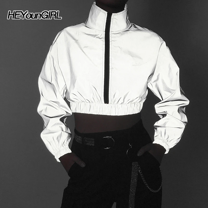 HEYounGIRL Reflective Harajuku Cropped Jacket Hip Hop Casual Coats Women Long Sleeve Loose Windbreaker Korean Autumn Streetwear
