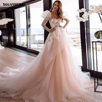 beautiful wedding dress 2022 tulle appliques a line wedding party gown pink square collar puff sleeve chapel train custom made