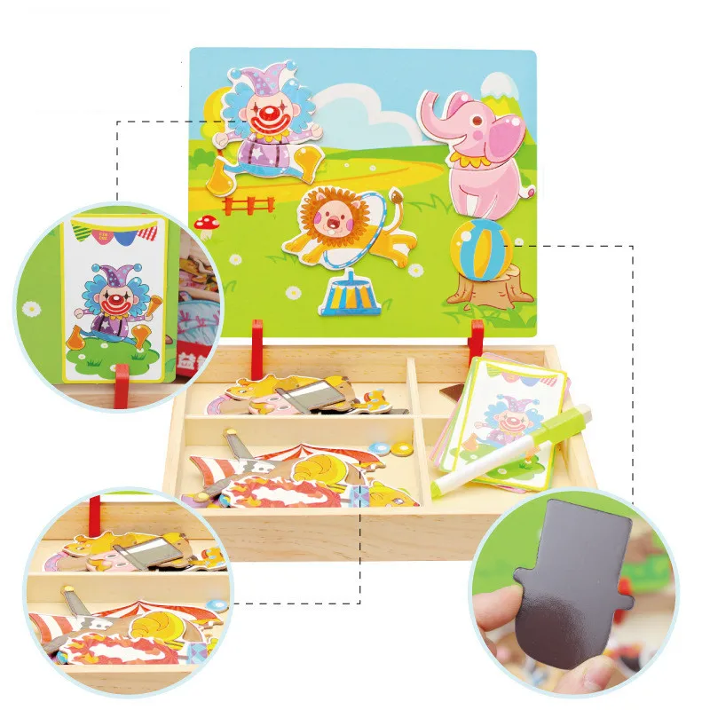

Kids Wooden Puzzles Educational Toys Animals/ Vehicle /Circus Drawing Board Magnetic Puzzle Wood Toy For Kids