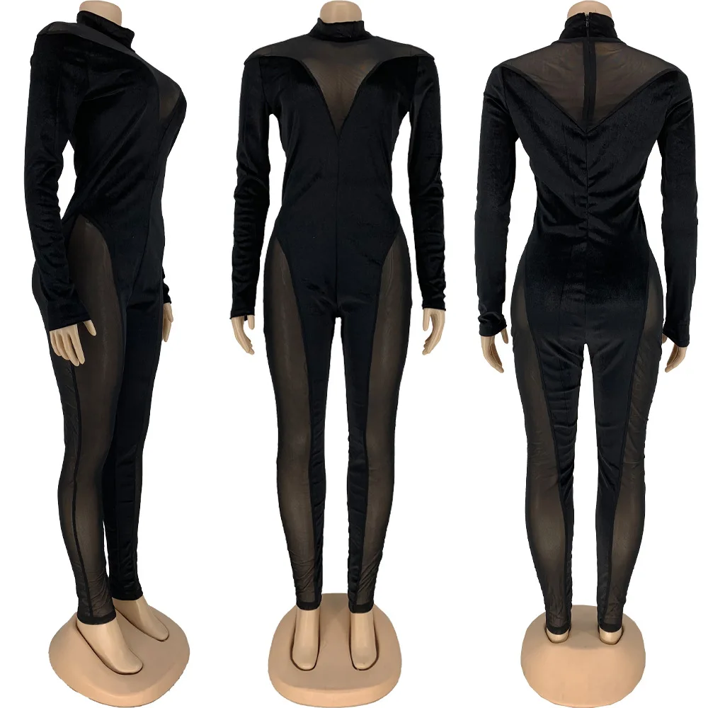 

Black Red Pink Mesh Velvet Patchwork Skinny Rompers Women Jumpsuit Sexy See Through Night Club Bodycon Wild Bodystocking Rompers