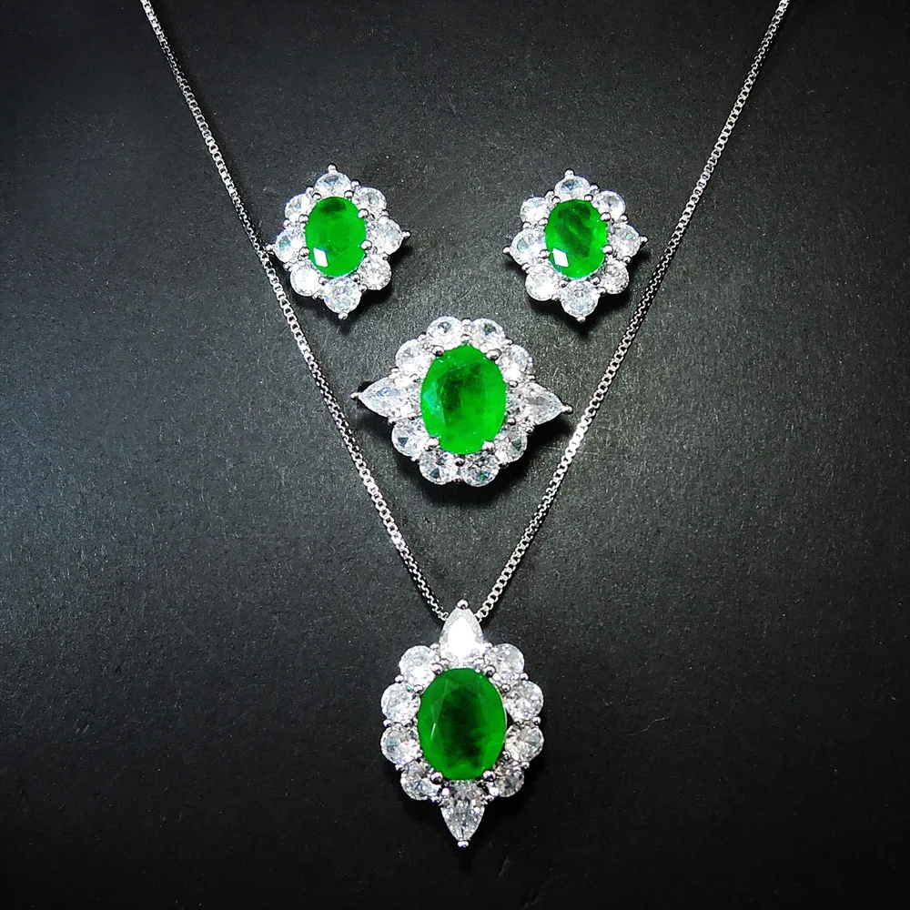 

Shipei Luxury 925 Sterling Silver Oval Emerald Greated Moissanite Gemstone Rings/Earrings/Pendant/Necklace Wedding Jewelry Sets
