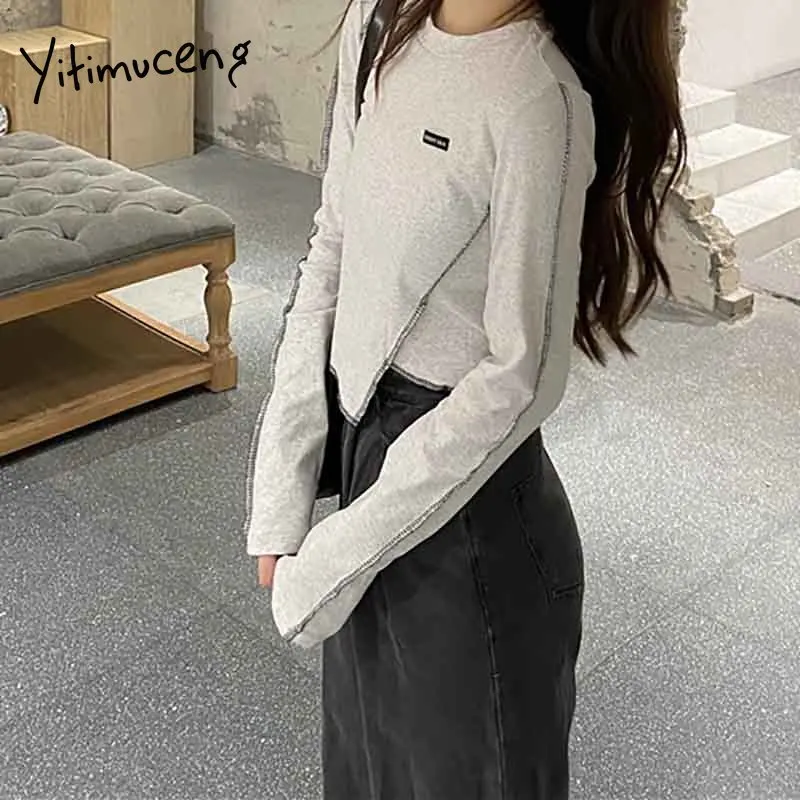 

Yitimuceng Irregular T Shirts Woman Letter Skinny Tees Long Sleeve Unicolor Gray Black Tops 2021 Spring Summer Fashion Tshirts