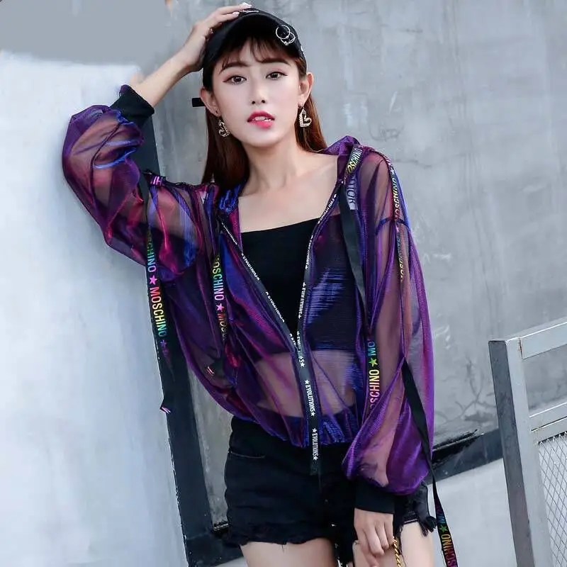 Женская прозрачная Куртка harajuku летний сетчатый топ на молнии с лентами одежда