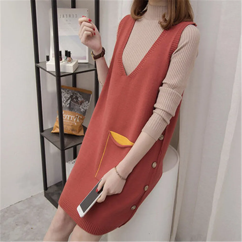 Корейский модный женский длинный трикотажный жилет без рукавов свитер осень и