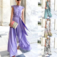 2021 chiffon stitching high end womens wear loose type printing solid color sleeveless waist jumpsuits