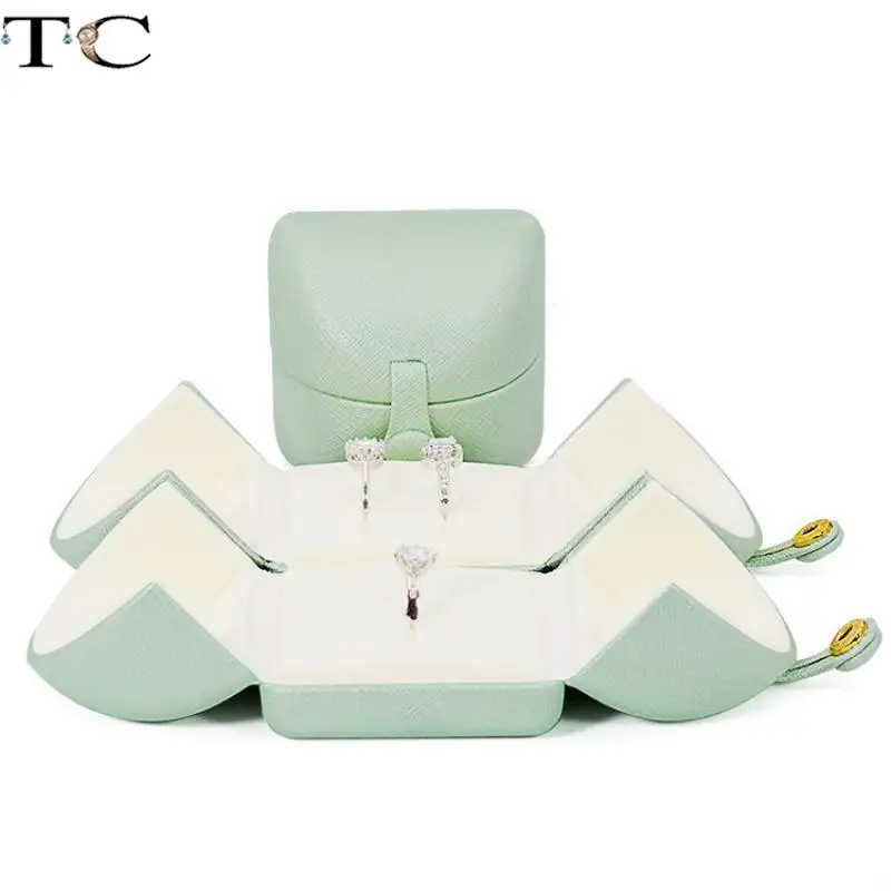 

Tender Green Pu Leather Snap Double Open Jewelry Box Jewelry Storage Gift Box Proposal Double Ring Box