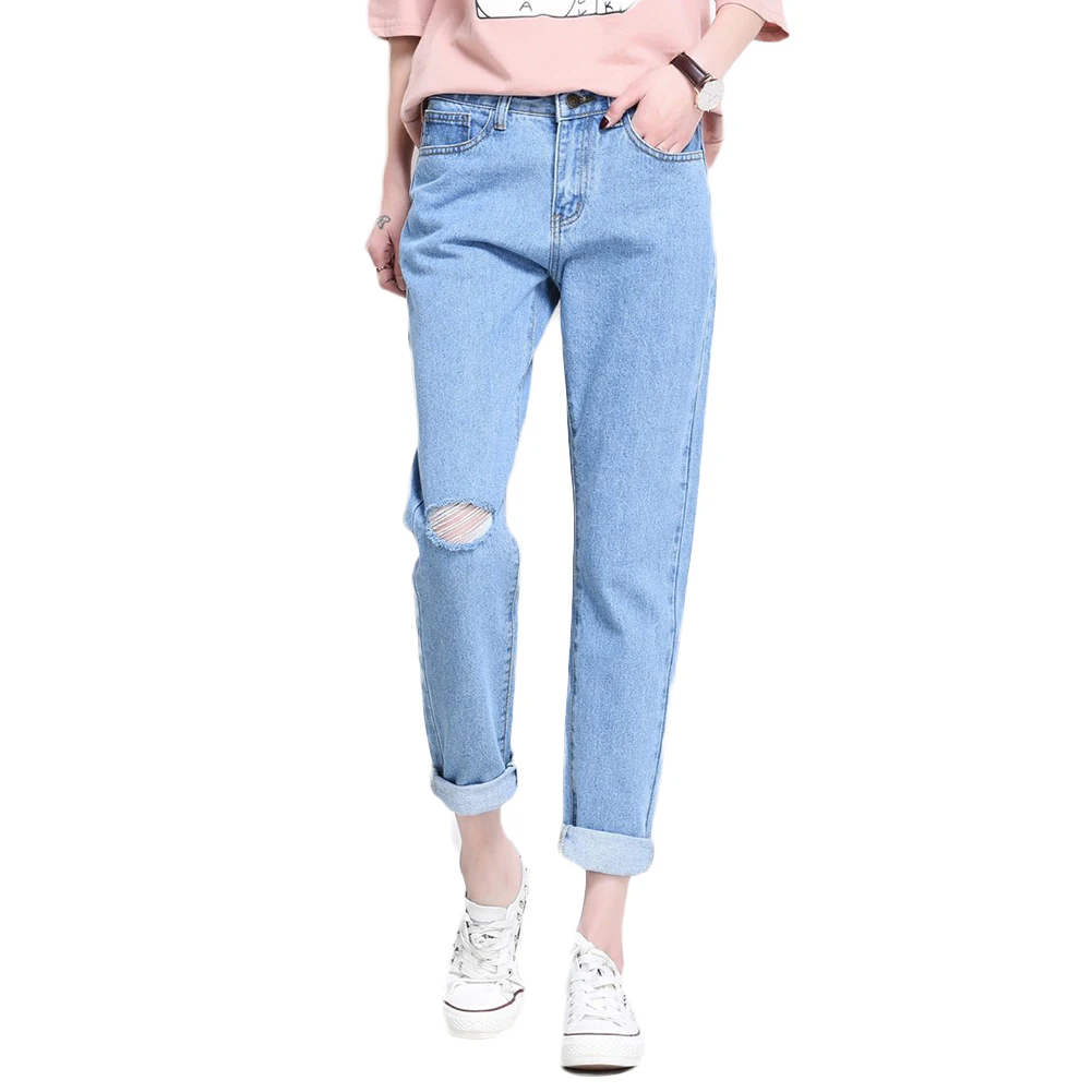 

Spring Summer Boyfriend Style Loose Denim High Waist Ninth Jeans With Hole On Knee Women Thin Pants Feminino Trousers