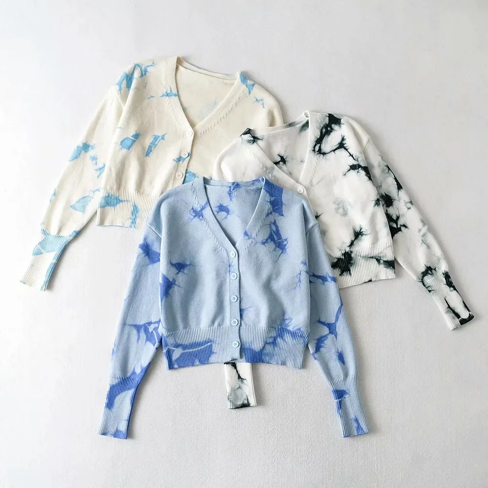 

2021 Autumn Tie-dye Knitting Cardigan Women V neck Single-breasted Buttons Long sleeve Cropped Sweater Loose Jumper
