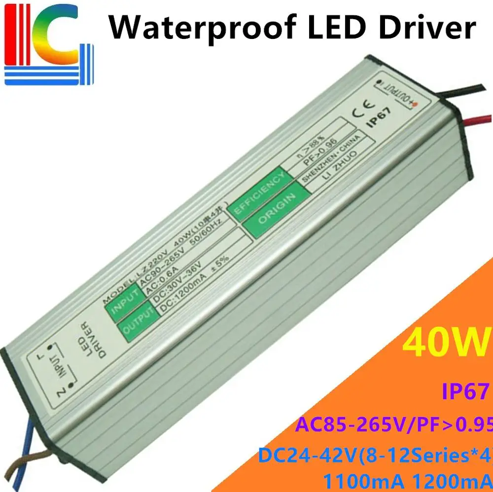 

40W IP67 Waterproof Power Supply 1100mA 1200mA LED Driver Adapter AC85-265V Lighting Transformers 8-12 Series for LED Floodlight