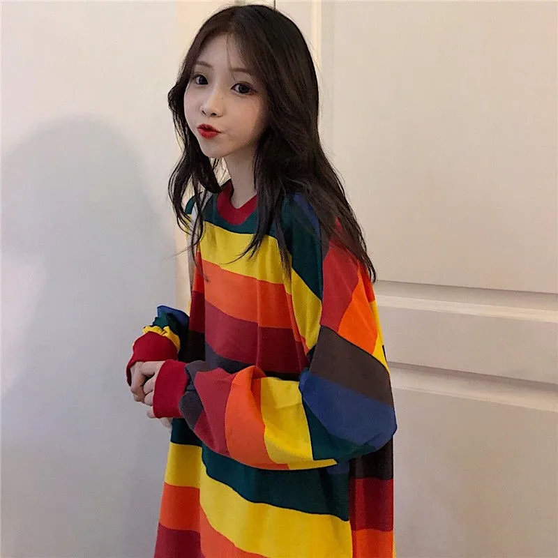 Одежда в Корейском стиле Сезон осень c бантом полоску цветастой радуги для детей