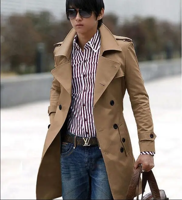 Двубортный мужской Тренч Мужское пальто средней длины Мужская одежда