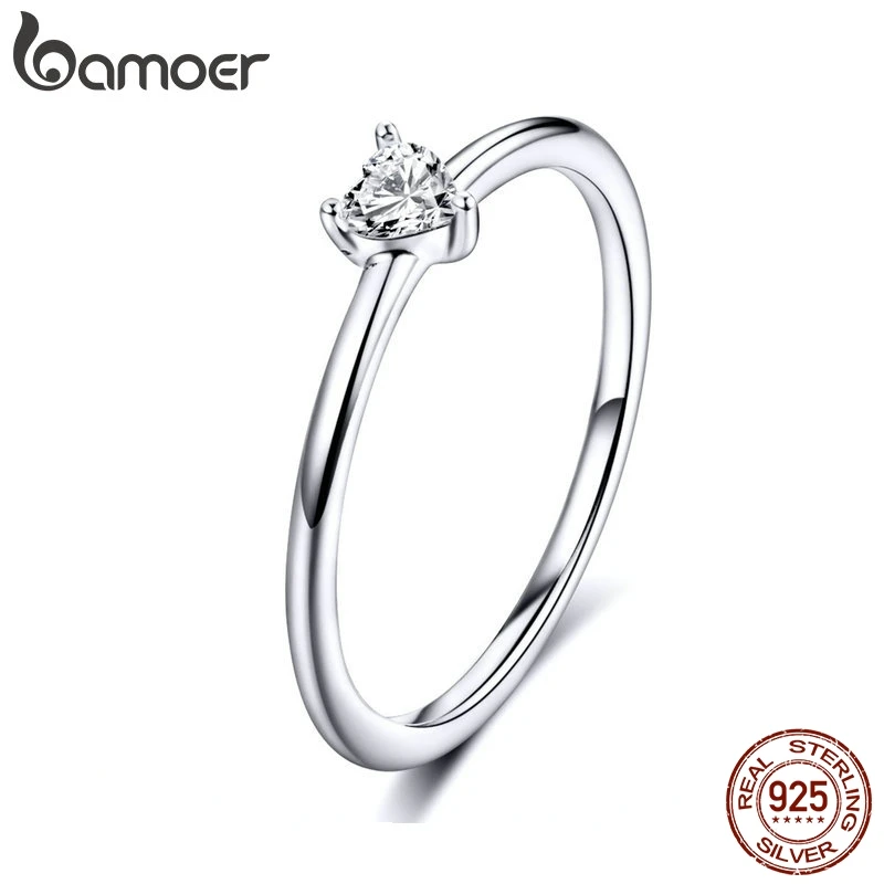 BAMOER, горячая распродажа, 925 пробы, Серебряное сердце, прозрачный CZ, простые кольца на палец для женщин, Обручальные, свадебные, массивные ювелирные изделия SCR498