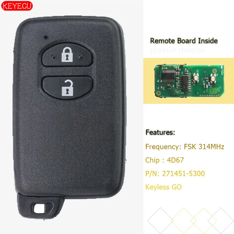 KEYECU умный ключ 2 кнопки FSK 314 МГц 4D67 для Toyota Prius Aqua Corolla Axio Vitz P/N: 271451 5300 черный|Ключ от