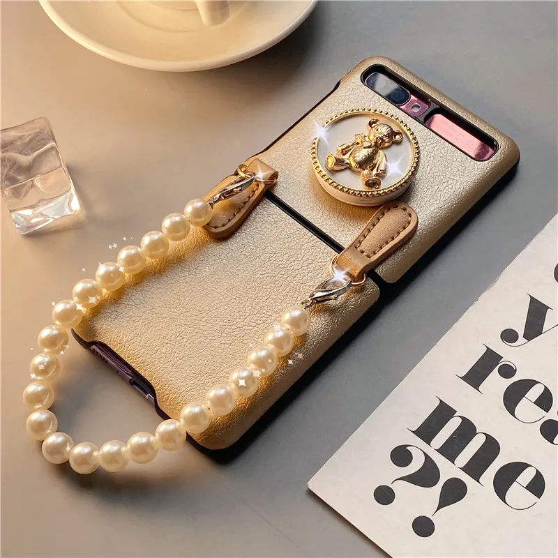 For Samsung Galaxy Z Flip 4G 4 3 Flip4 Flip3 5G Luxury Bear Stand Bracket Cossbody Long Metal Chain Gold Leather Case Cover
