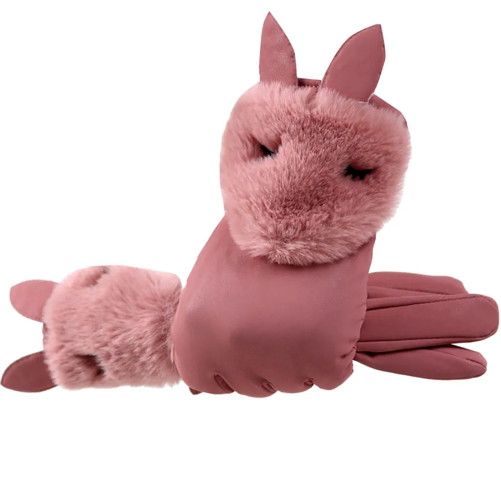 Pink Новые модные женские перчатки, кожаные зимние перчатки, Полные Пальцы, шерстяные перчатки, уши кролика, теплые мягкие манжеты, перчатки с мягкой подкладкой, милые - Цвет: Pink