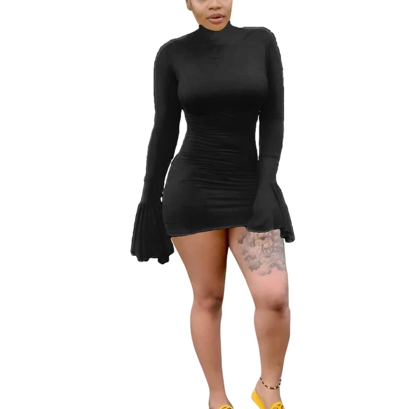 

CHSDCSI Short Bodycon Sexy Dress Flare Long Sleeve High Neck Mini Autumn Women Fashion Party Elegant Club Yellow Summer Clothes