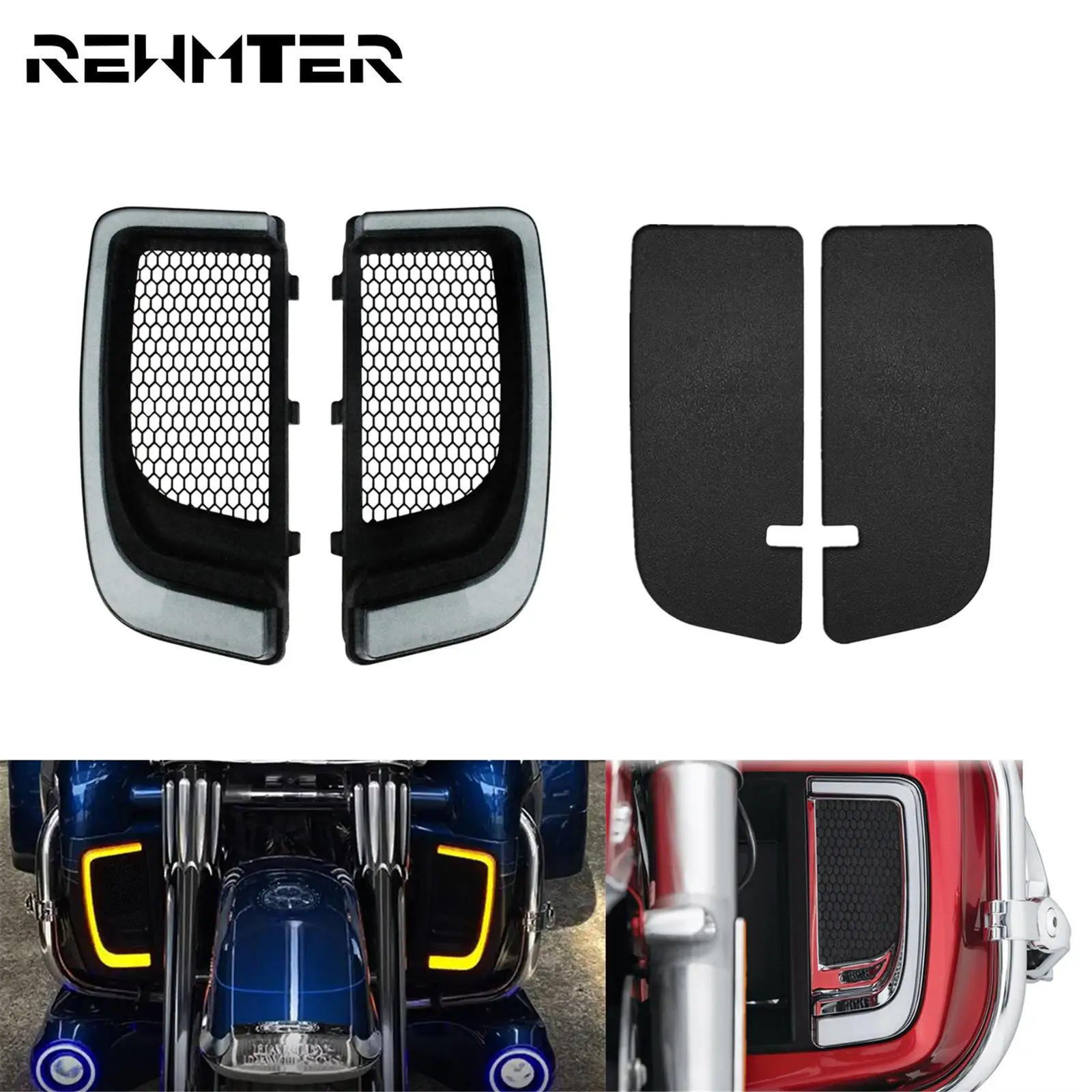 

Motorcycle LED Fairing Lower Grills Turn Signal Light+Solid Plates Radiator Grills Black For Harley Touring Road Glide Ultra