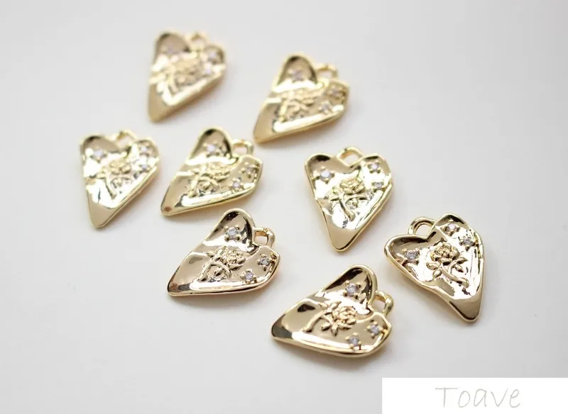 

2pcs Rose Heart Inlaid Zircon Crooked Heart Love Pendant Copper Plating 18K Gold Color DIY Earrings Materials Accessories