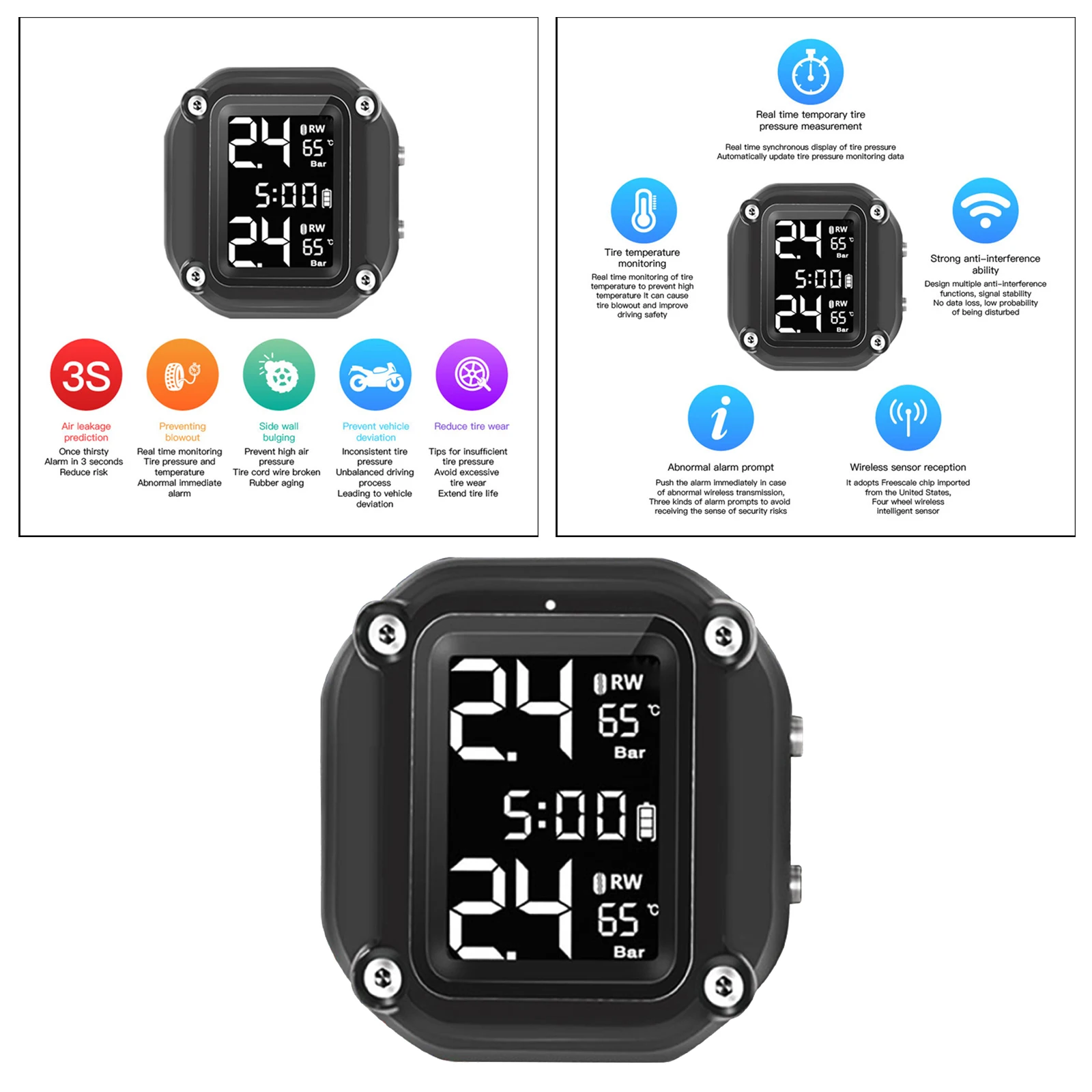

Motorcycle Electronic TPMS Wireless Tire Pressure Monitoring System, High Accuracy, Necessary Alarm System