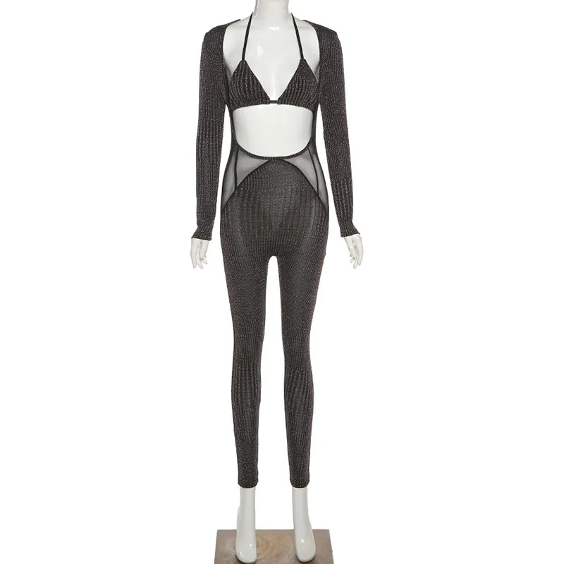 

Women's Outfit Sexy See-through Mesh Hollow Out Full Sleeve Jumpsuit With Underwear Bra 2 Piece Set Women Clothing Yoga Wear
