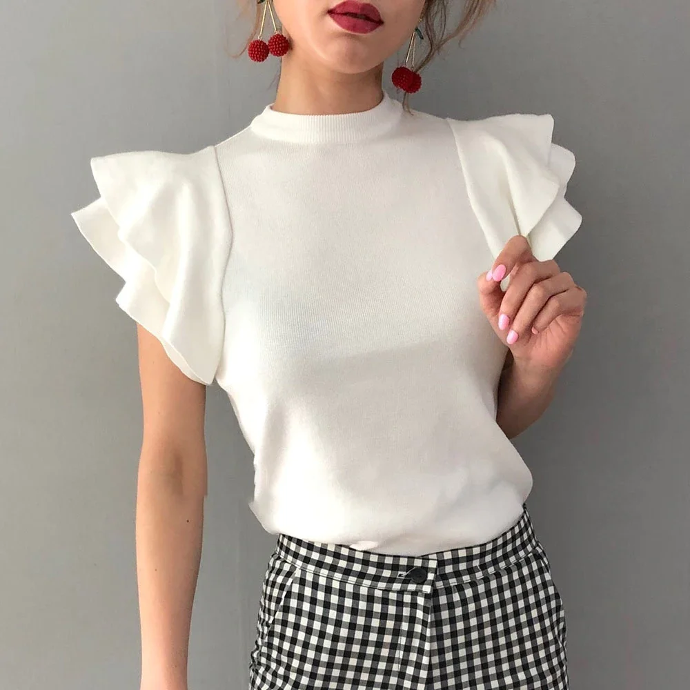 

Summer Autumn Knitted Tops Women Short Ruffle Sleeve Sweater 2021 Korean Femme Chic Jumper Pullover Clothing Outwear Tops
