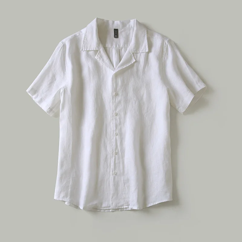 

2021 summer new Lapel solid men's short sleeve top Lapel 100% linen short sleeve shirt men's fashion