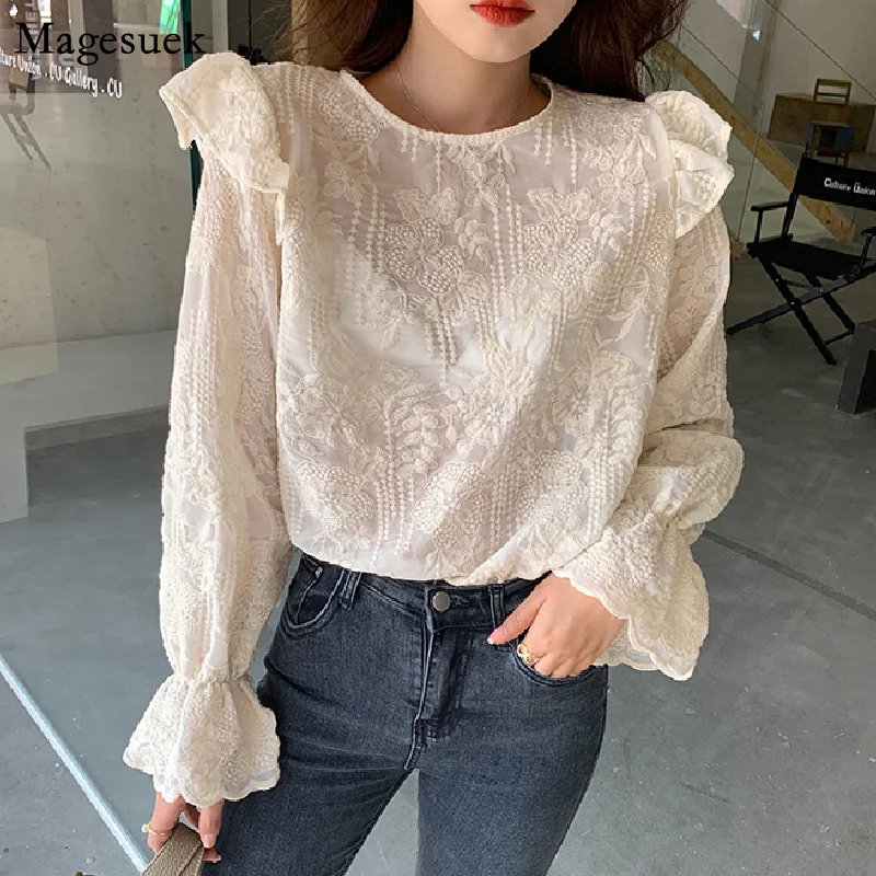 

Long Sleeve Women Blouse Elegant Casual Loose Fashion Lace Shirt Crochet Embroidery Blouses Tops Women's Clothing Blusas 16855