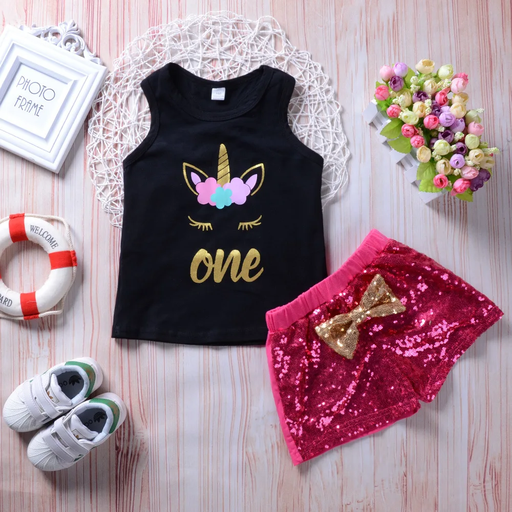 Модная летняя одежда для маленьких девочек Футболка с единорогом топы и шорты