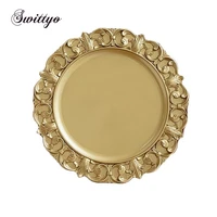 retro round gold chargers plates vintage floral embossed tea pot jewelry cake storage tray wedding party decorative table piece