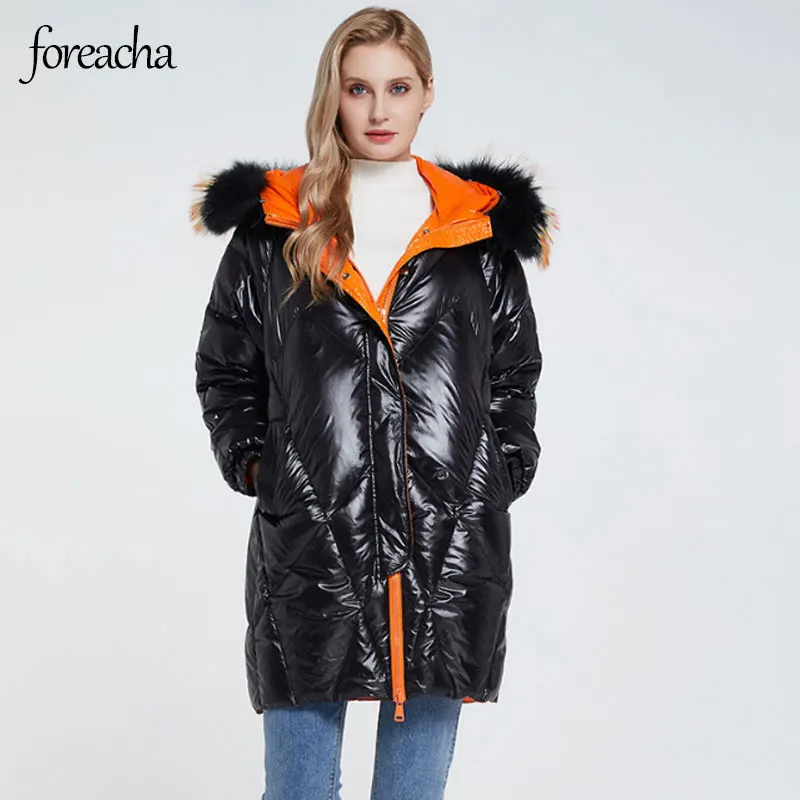 

foreacha hooded fur collar mid length Winter women down jacket black long sleeve thick white duck down plus size Women coat