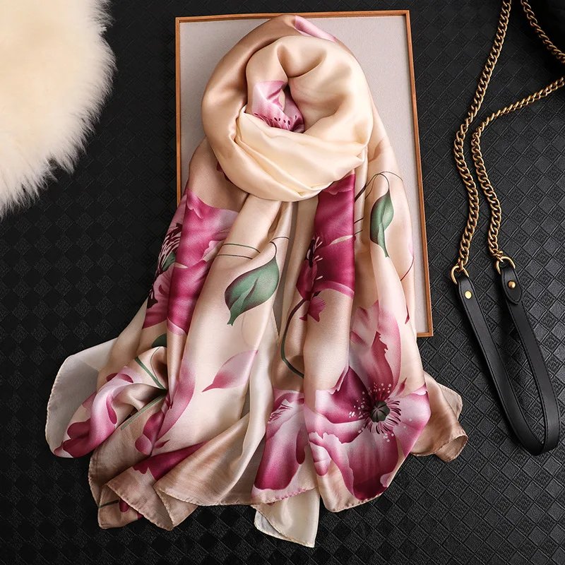 

2020 New floral scarf fashion satin silk shawls women long luxury silk scarf beach hijab shawls and wraps female foulard