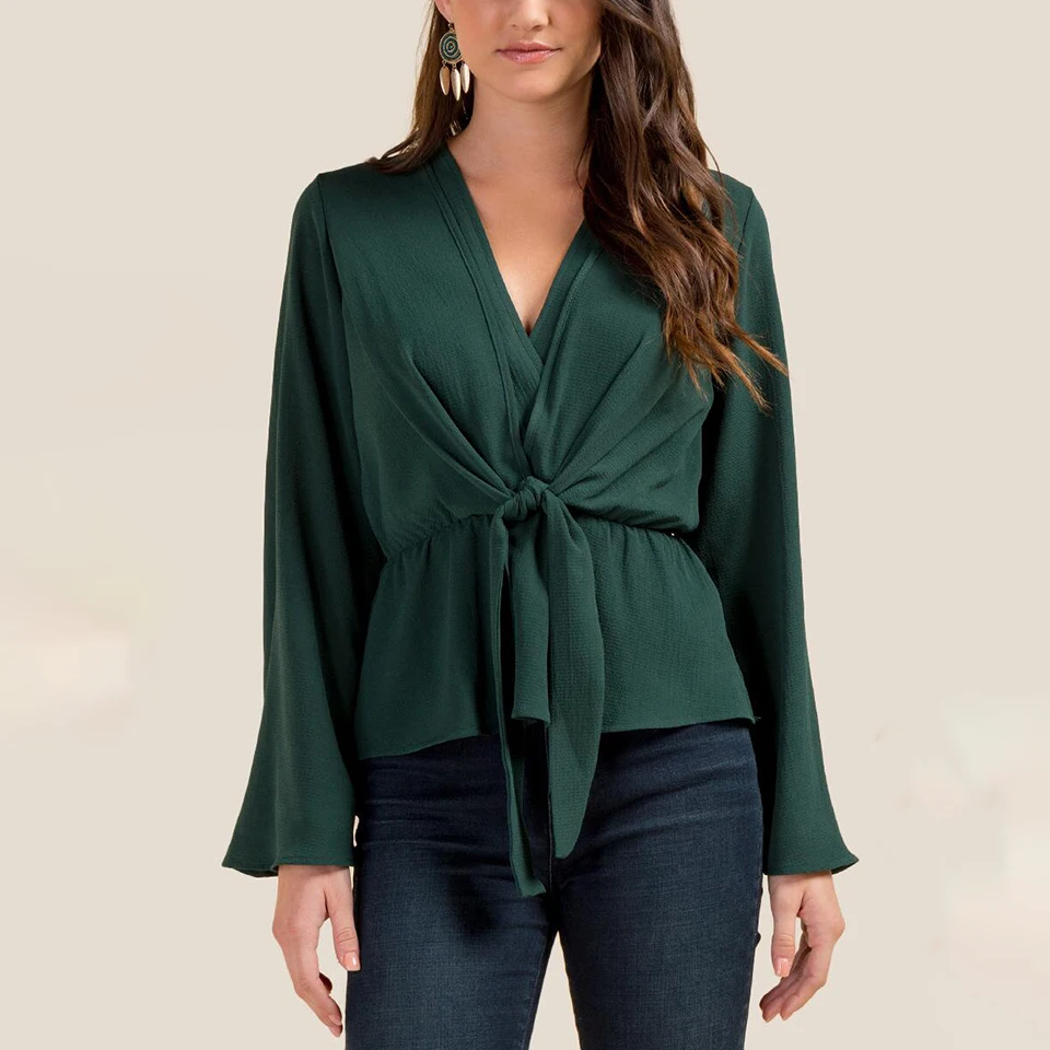 Женская Свободная шифоновая блузка с длинным рукавом и v-образным вырезом