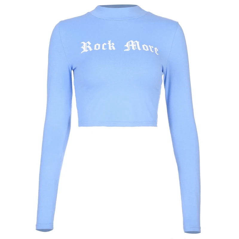 Blue T-Shirt Rapwriter, модная, рок больше, с буквенным принтом, хлопковая укороченная футболка для женщин, осень, стоячий воротник, длинный рукав, обтягивающие Топы для женщин - Цвет: Blue T-Shirt