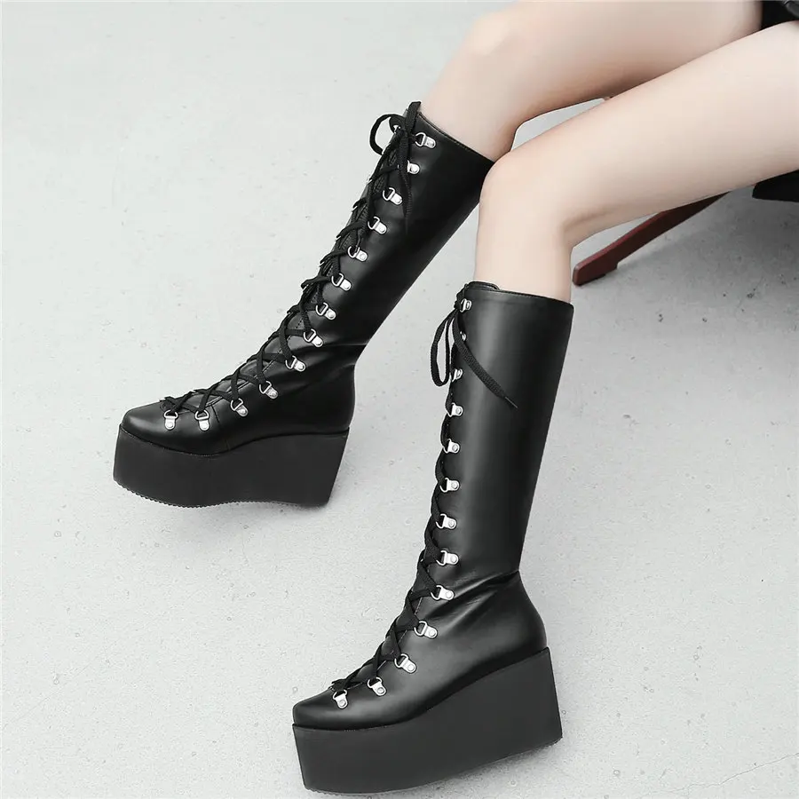 Туфли-лодочки женские до бедра высокие сапоги на танкетке со шнуровкой высоком