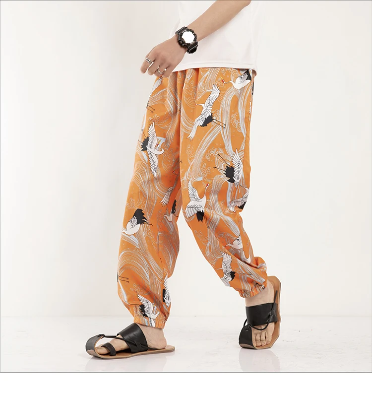 

Japanese Kimono Traditional Harem Pants Chinese Fashion Style Crane Print Casual Loose Samurai Trousers Asian Haori Pants