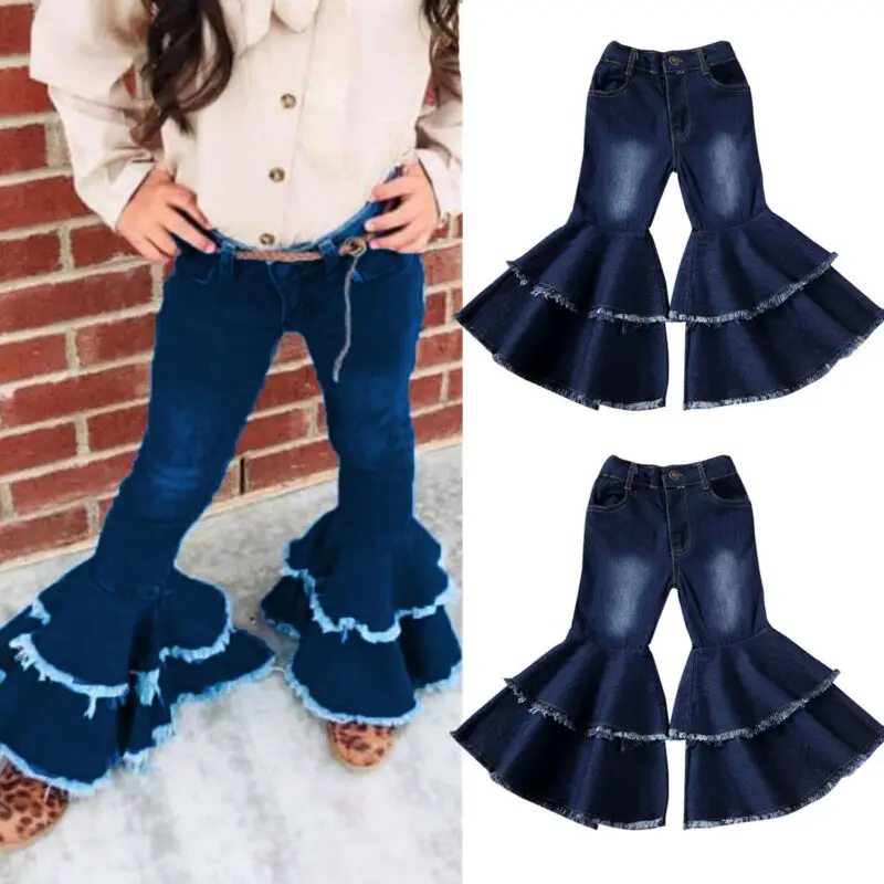 

Toddler Kids Baby Girls Jeans Button Trousers Casual Infant Blue Wide leg Denim Loose Pants 2-7Y