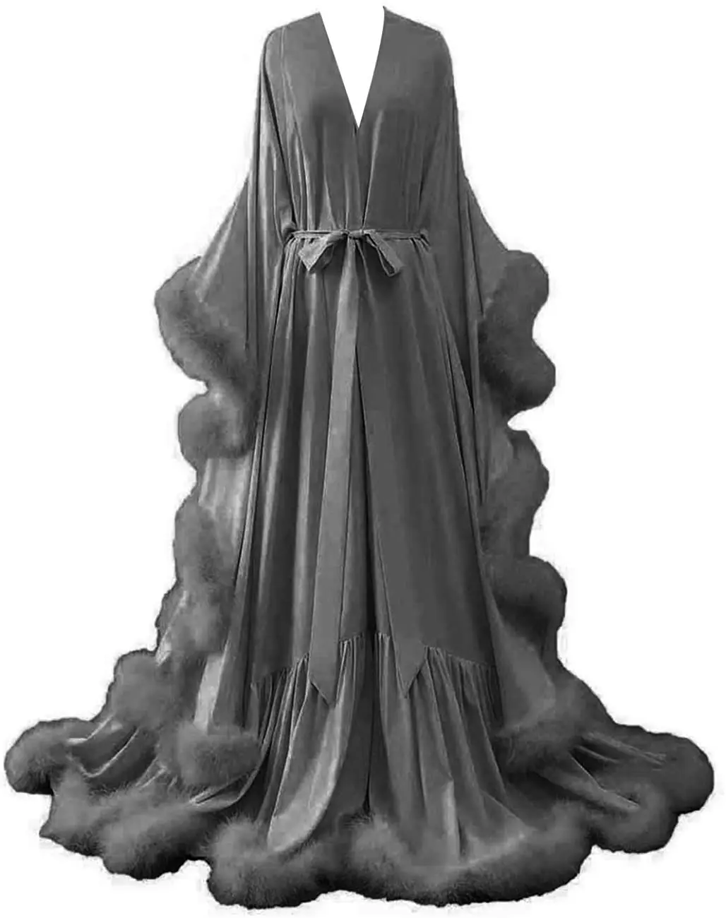 Women's Feather Bridal Robe Wedding Scarf Long Lingerie Robe Nightgown Bathrobe Sleepwear with Belt