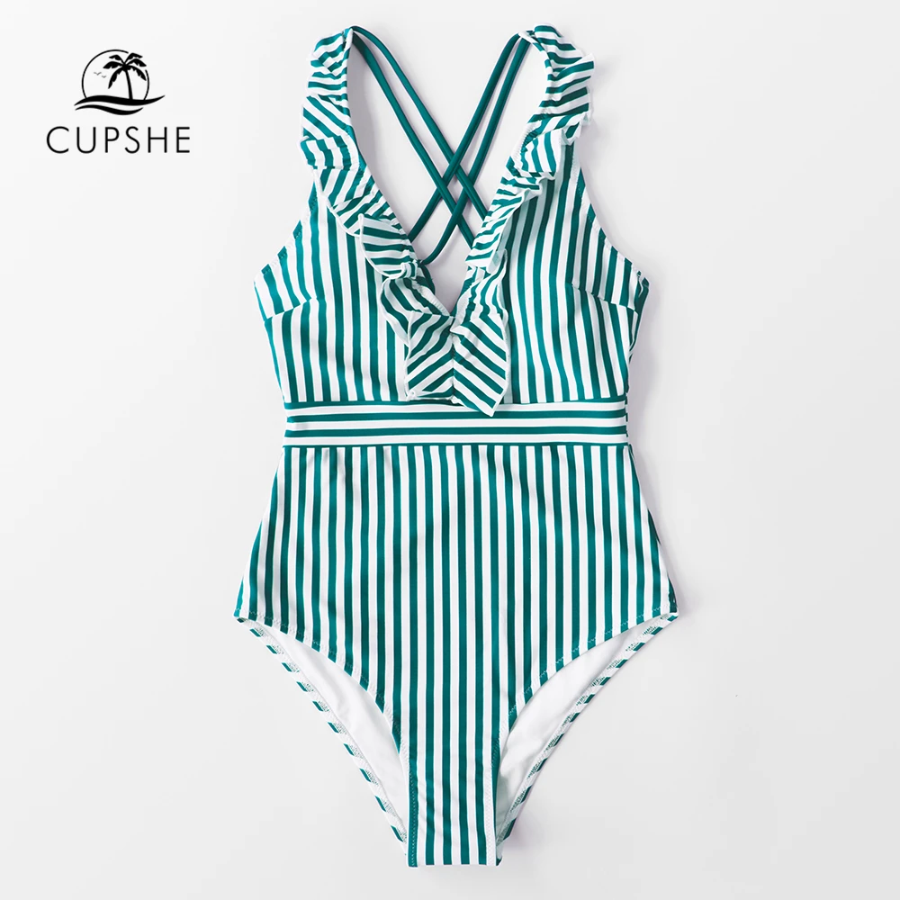 Слитный купальник CUPSHE в зеленую и белую полоску с оборками пикантный монокини
