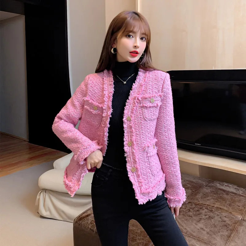

2021 Autumn Winter Plus Cotton Thickening Tweed Coat Korean Style Women Loose V-Neck Temperament Tweed Small Fragrance Jacket