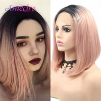 short straight hair synthetic lace front wig short bob wig 12 peach pink short glueless heat resistant fiber for women